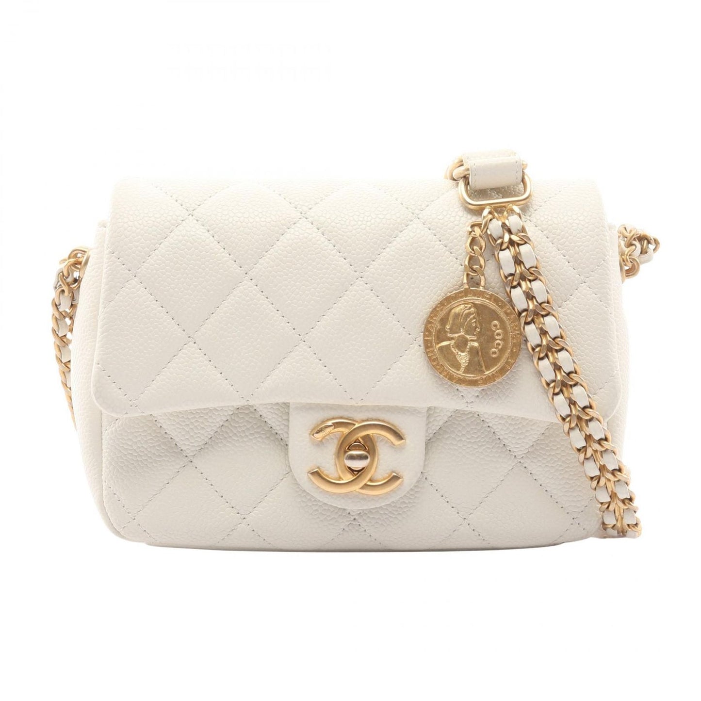 Chanel Shoulder Bag Quilted White Leather Small Flap Chain