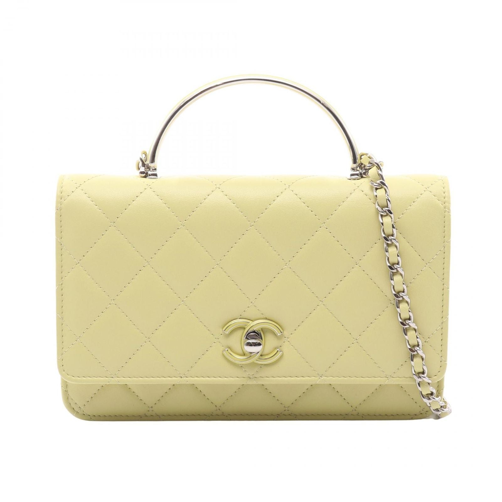Chanel Shoulder Bag Quilted Yellow Green Lambskin Chain Wallet