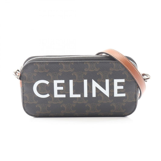 Celine Shoulder Bag Triomphe Horizontal Pouch Black Brown Canvas Leather