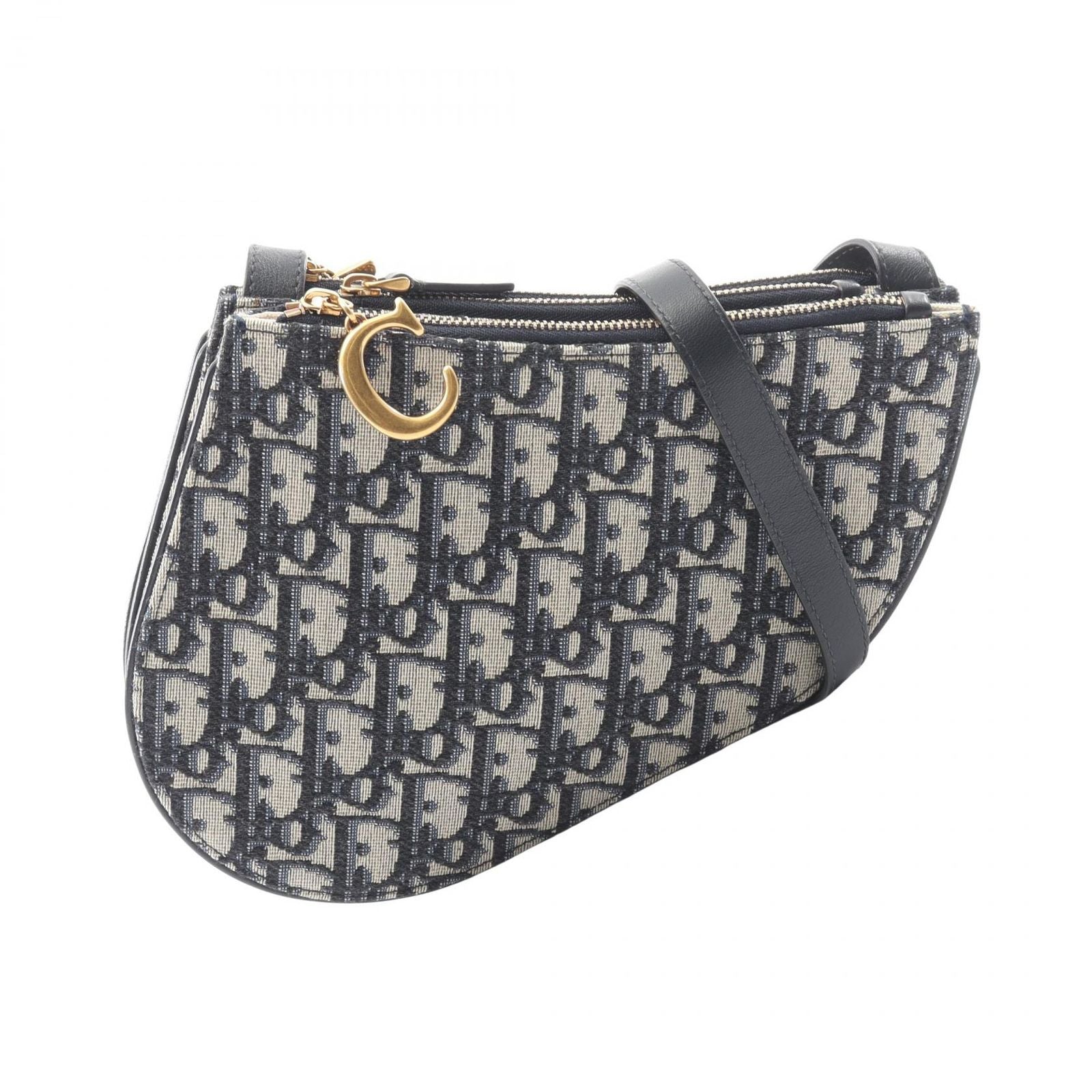 Dior Shoulder Bag White Navy Canvas Leather Blue Oblique