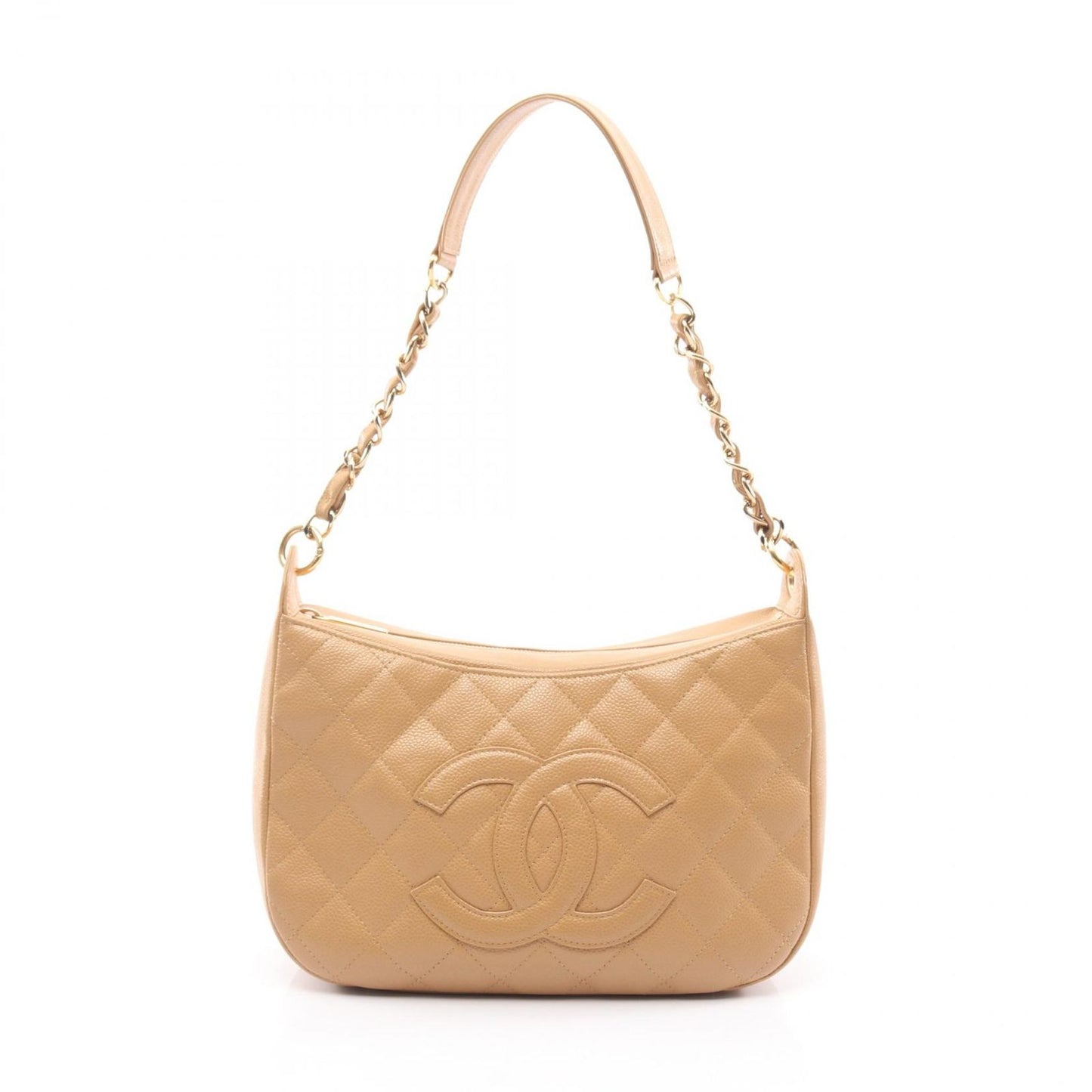 Chanel Shoulder Bag CC Logo Beige Caviar Leather Quilted CC Chang