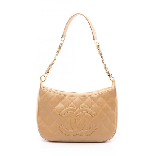 Chanel Shoulder Bag CC Logo Beige Caviar Leather Quilted CC Chang
