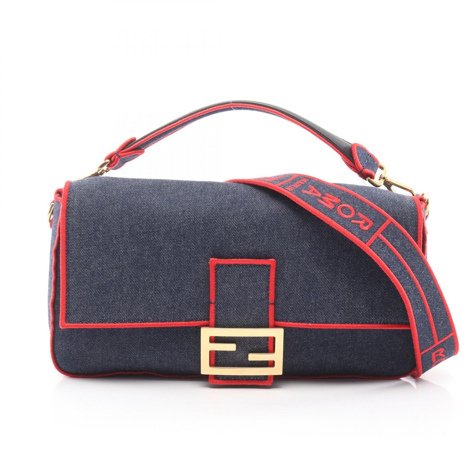 Fendi Mamma Bucket Roma Indigo Blue Red Denim Baguette Bag Large