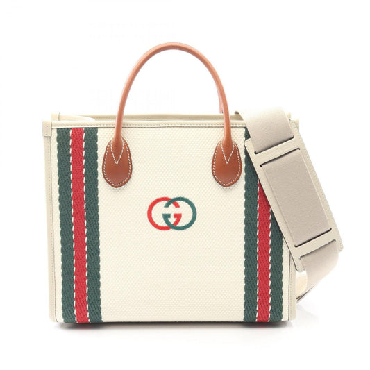 Gucci Tote Interlocking Small Off White Brown Canvas Leather 2-Way Handbag