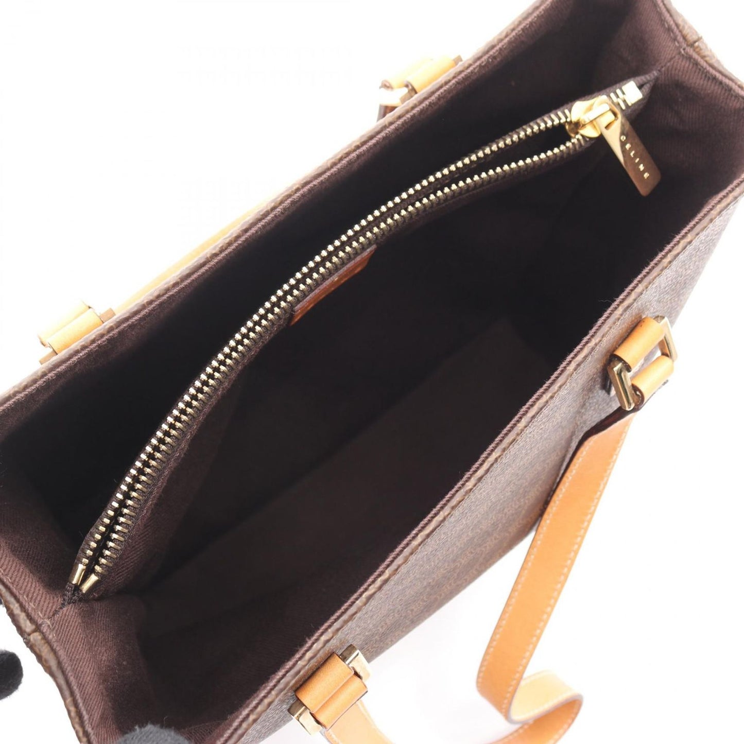Celine Handbag Macadam Dark Brown Natural Canvas Leather Tote — view 3
