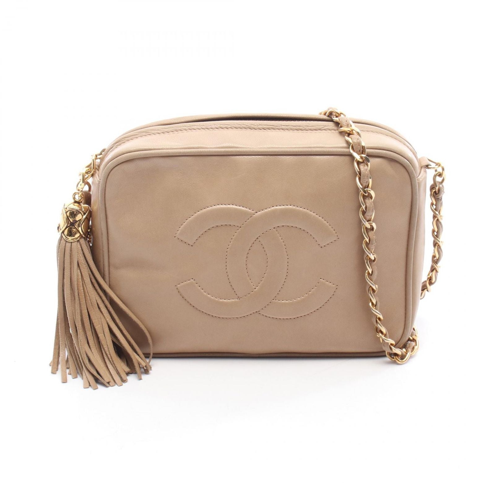 Chanel Shoulder Bag Beige Lambskin CC Logo Fringe Mini Chain