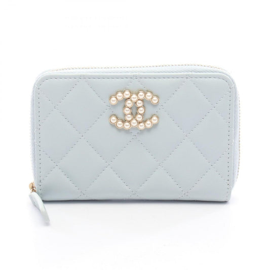 Chanel Coin Case Quilted Light Blue Leather Coco Pearl