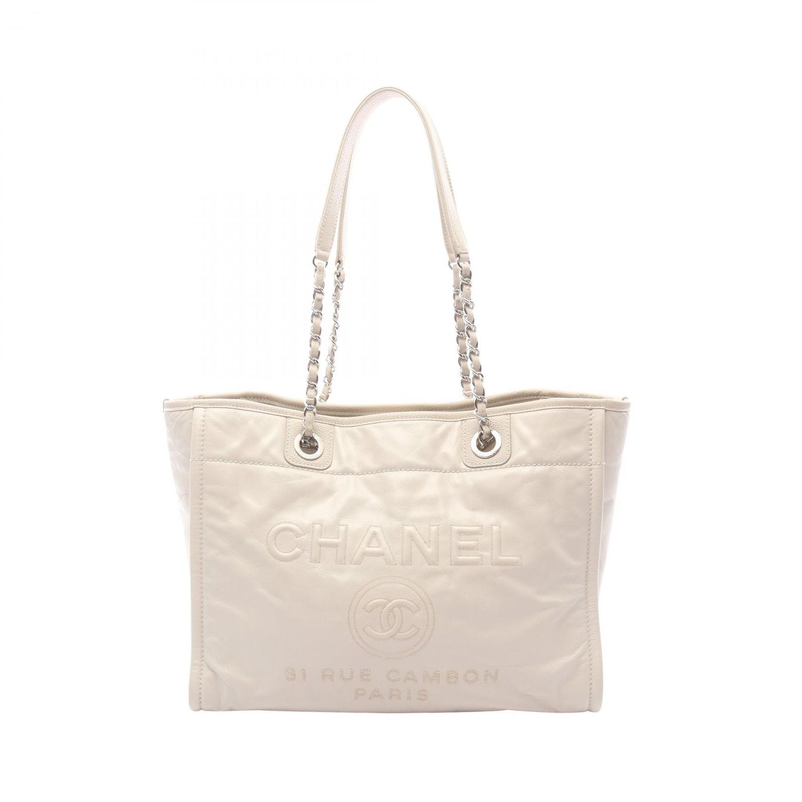 Chanel Tote Deauville Ivory Leather Chain MM