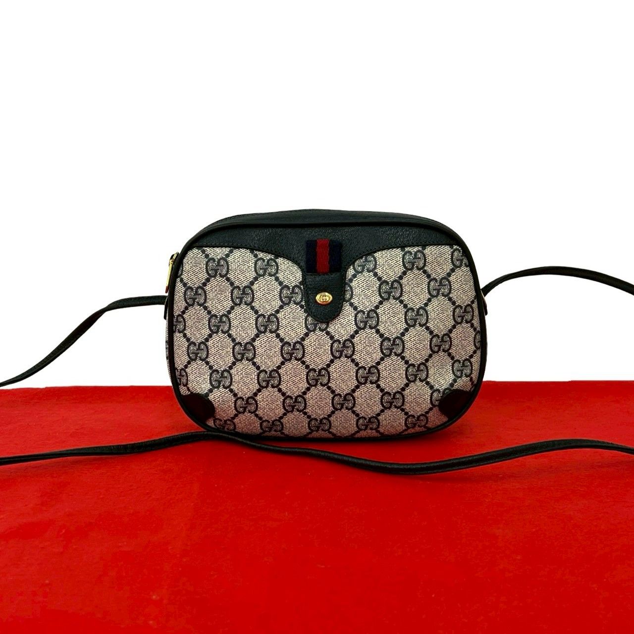 Gucci Vintage Sherry Line GG Logo Leather Shoulder Bag Pochette Navy