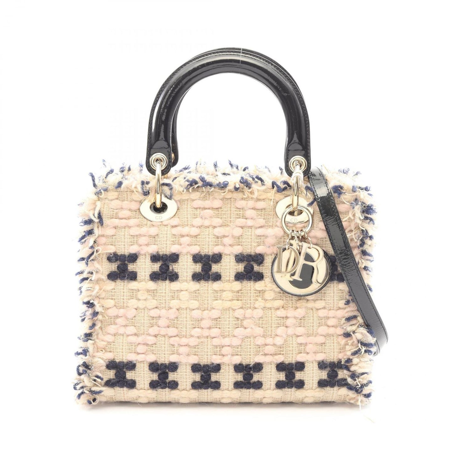 Dior Handbag Lady Dior 2-Way Black Beige Pink Fabric Patent Leather Tote