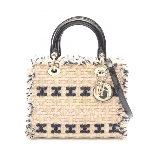 Dior Handbag Lady Dior 2-Way Black Beige Pink Fabric Patent Leather Tote