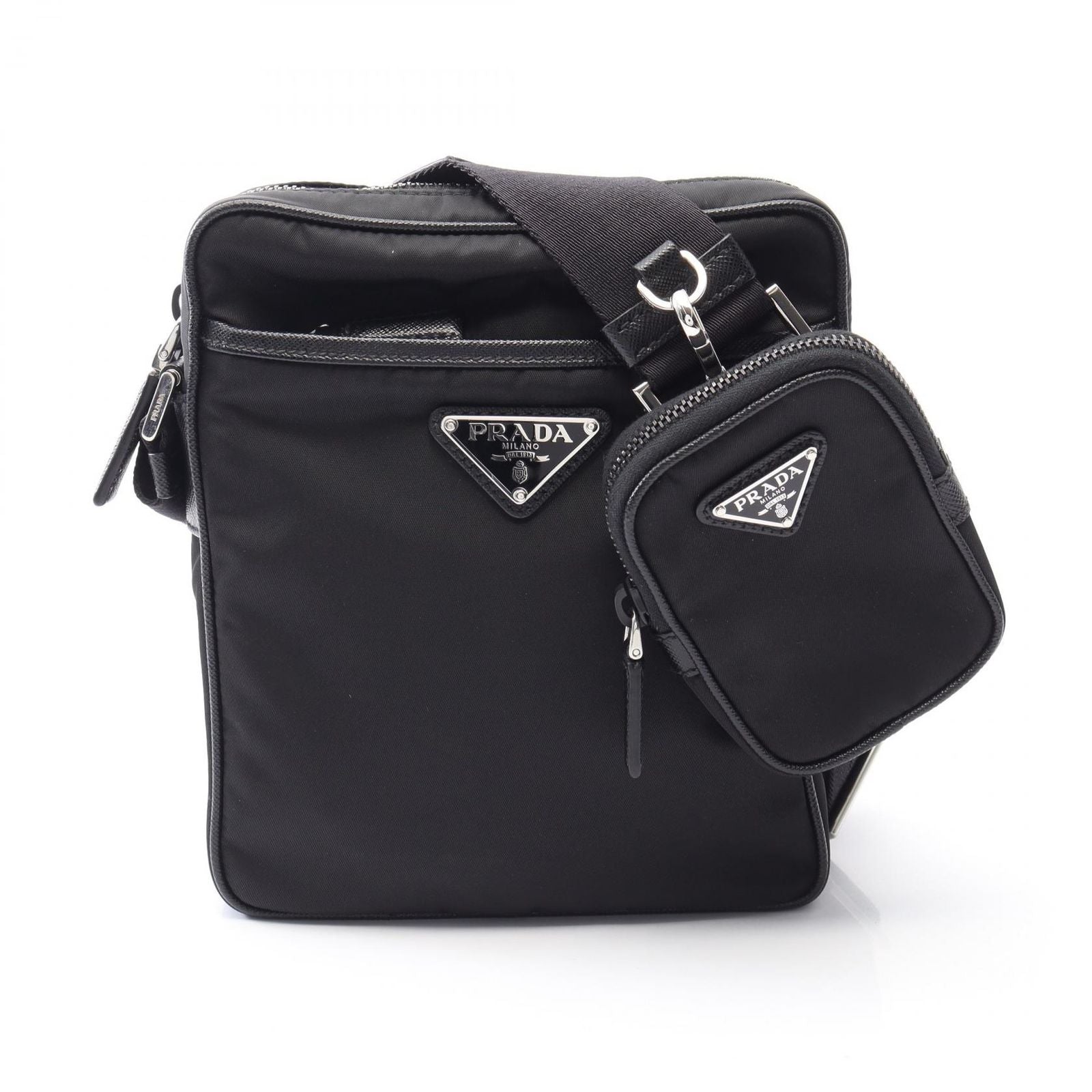 Prada Shoulder Bag Re-Nylon Black Nylon Saffiano Leather Triangle Logo