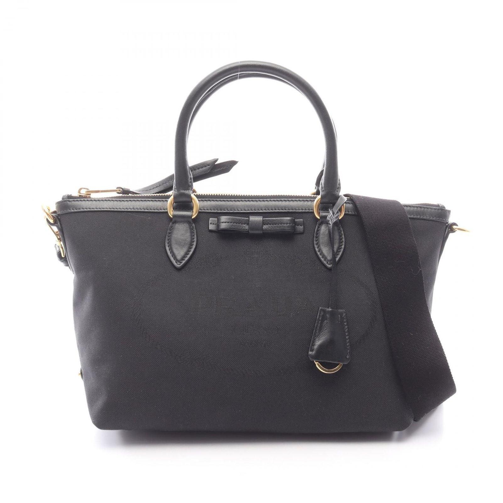 Prada Handbag Logo Jacquard 2-Way Black Canvas Leather