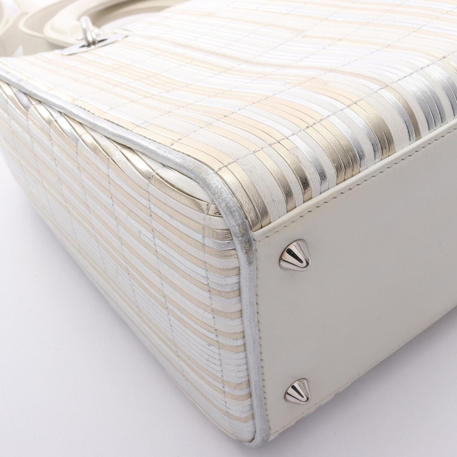 Dior Handbag Lady Dior 2-Way White Gold Silver Leather Tote — view 9