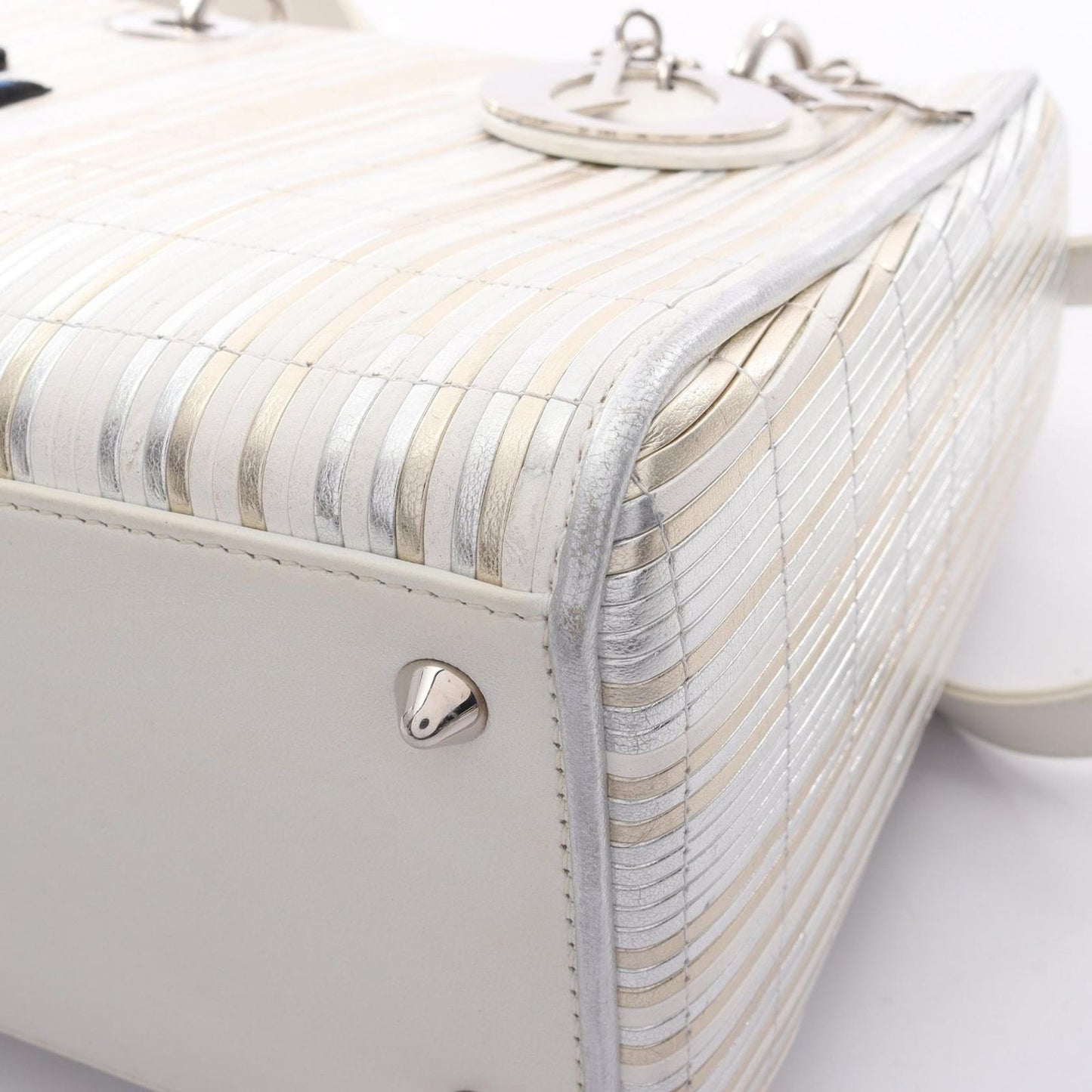 Dior Handbag Lady Dior 2-Way White Gold Silver Leather Tote — view 7