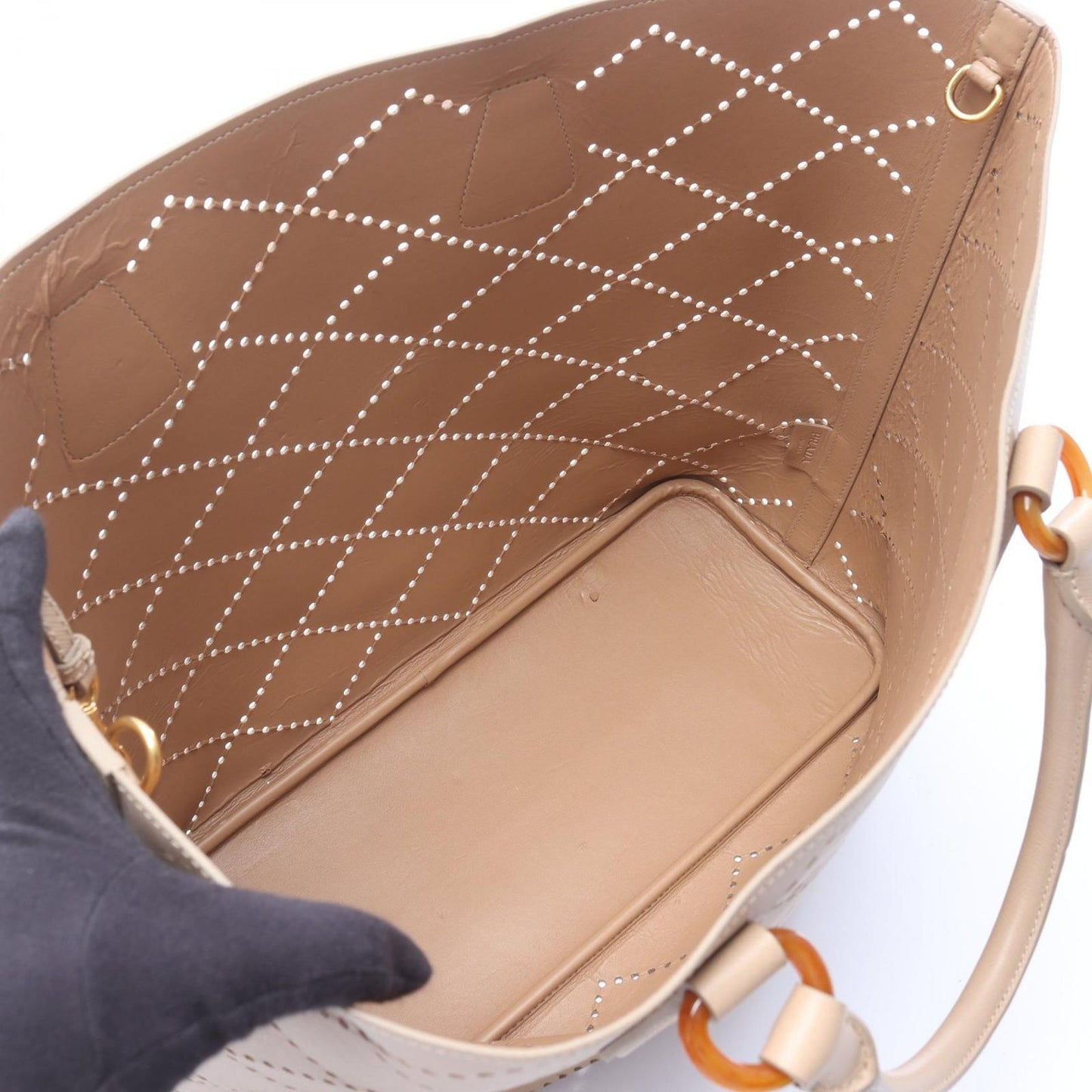 Prada Tote Perforated 2-Way Beige Leather Hand — view 3