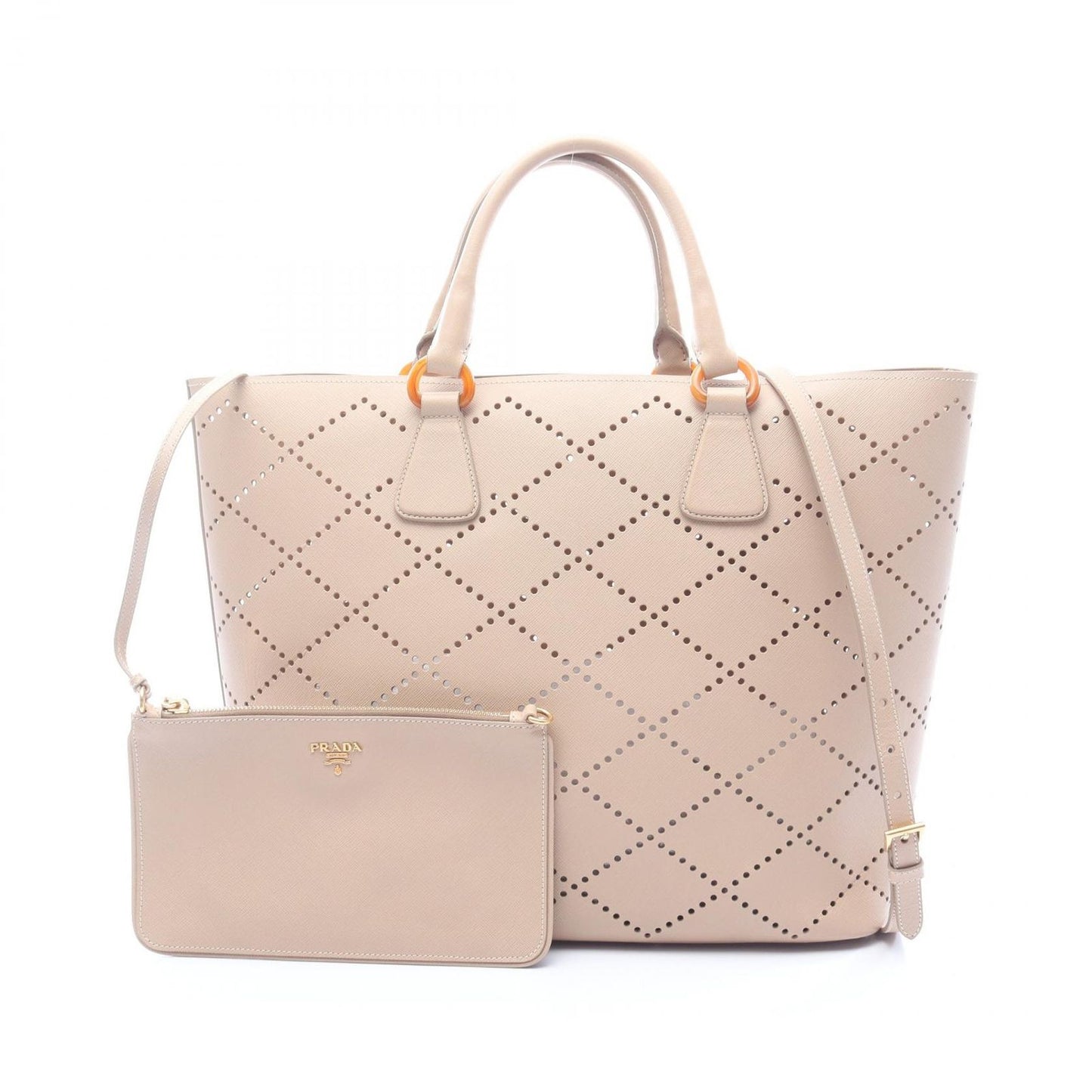 Prada Tote Perforated 2-Way Beige Leather Hand