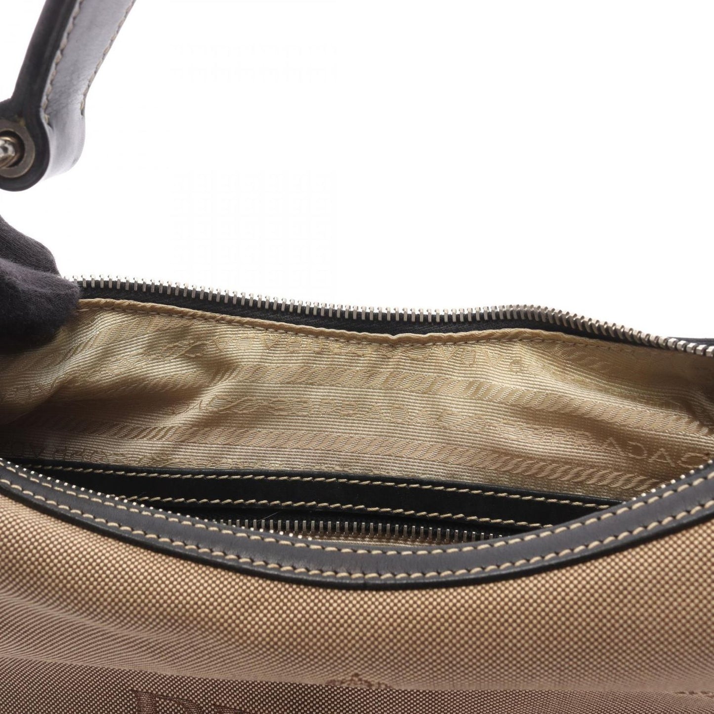 Prada Shoulder Bag Logo Jacquard Beige Brown Black Canvas Leather — view 5