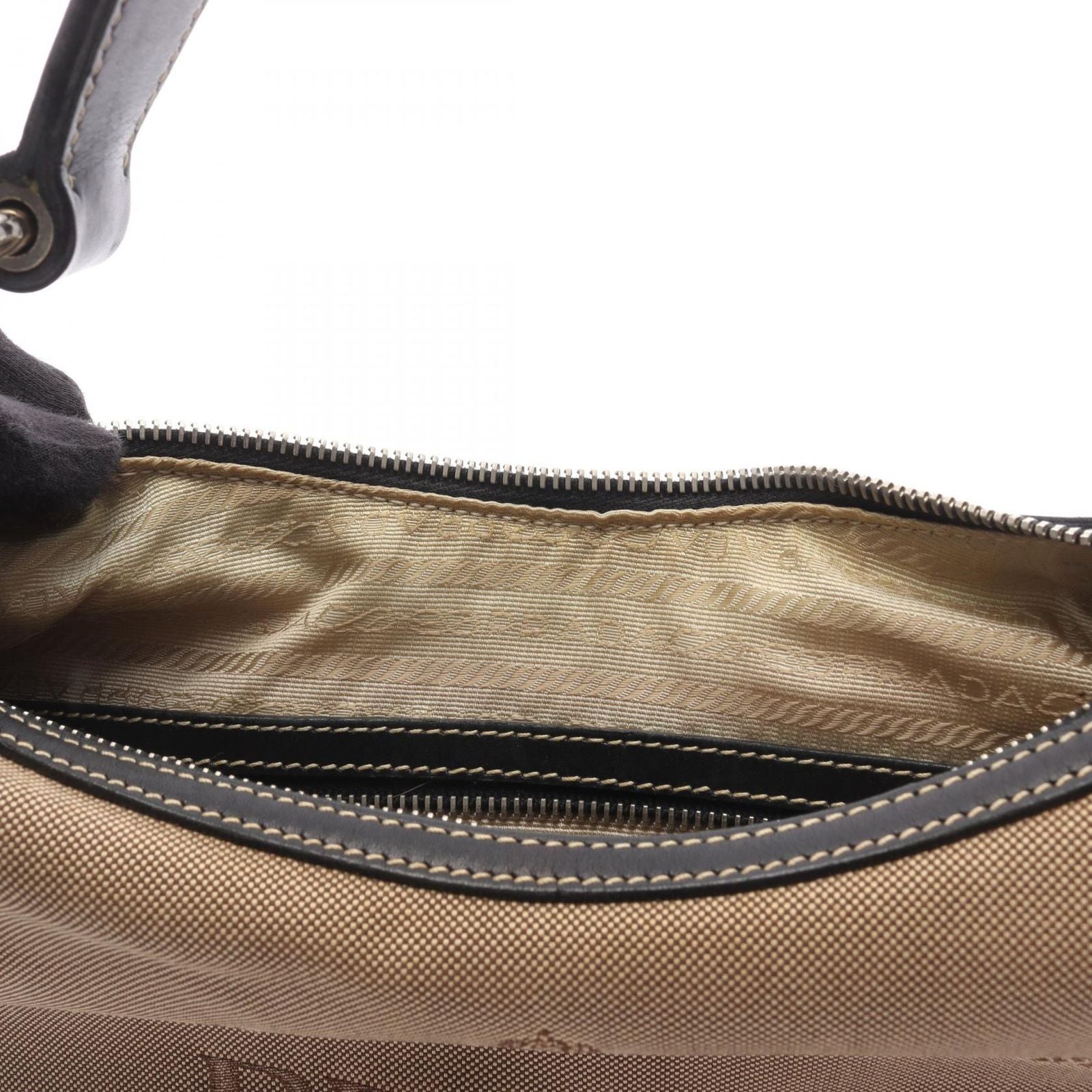 Prada Shoulder Bag Logo Jacquard Beige Brown Black Canvas Leather — view 5