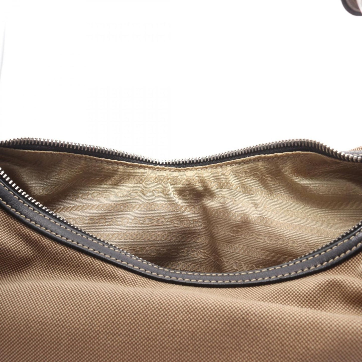 Prada Shoulder Bag Logo Jacquard Beige Brown Black Canvas Leather — view 6