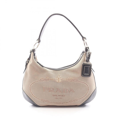 Prada Shoulder Bag Logo Jacquard Beige Brown Black Canvas Leather