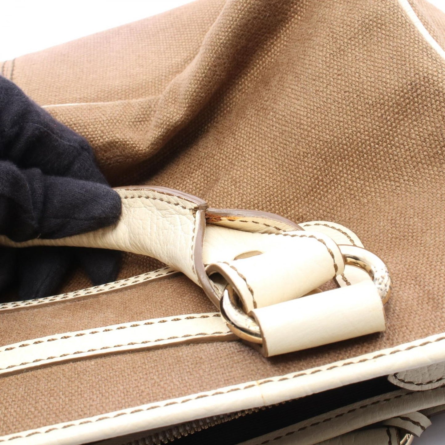 Celine Handbag Boogie Bag with Charm Brown Ivory Canvas Leather — view 6