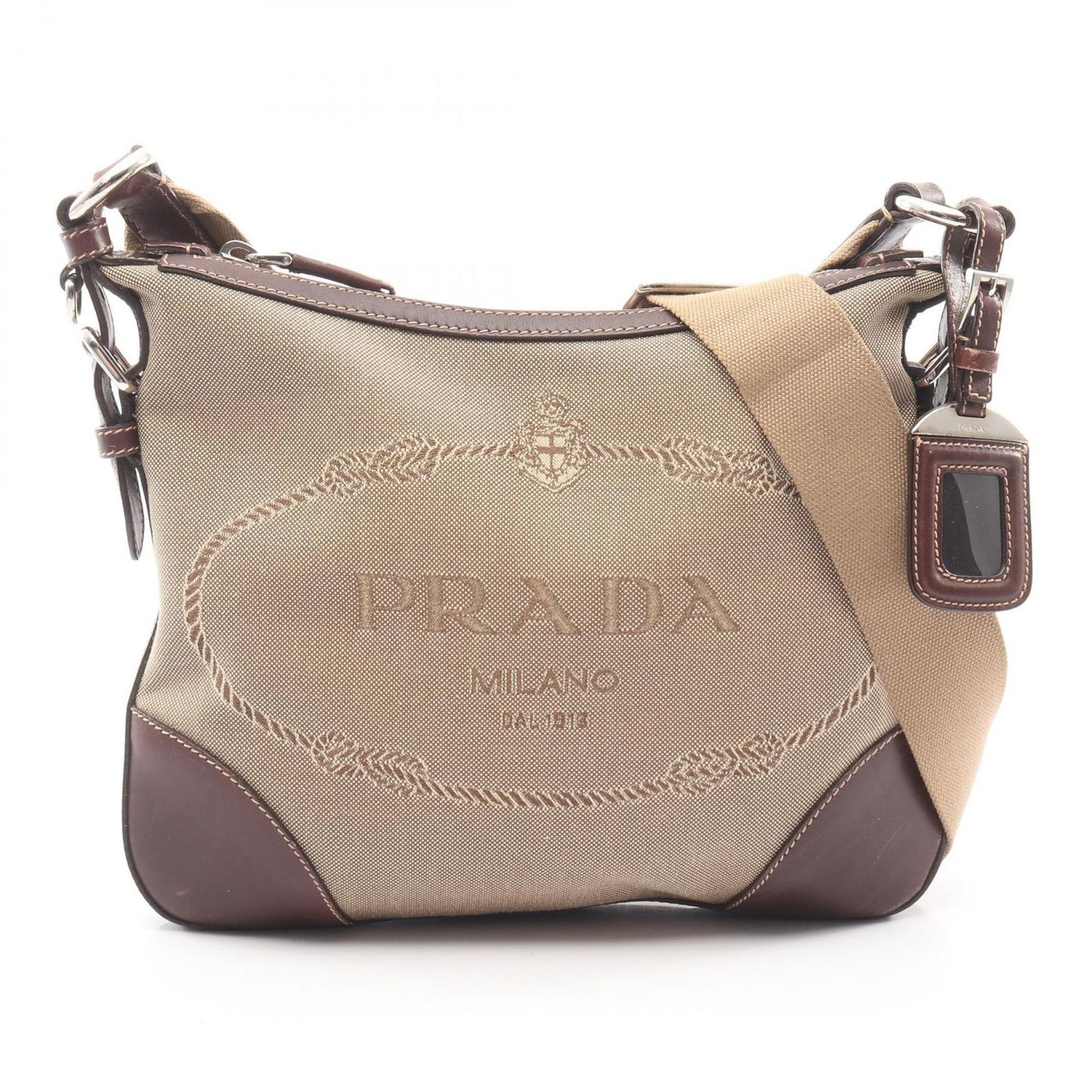 Prada Shoulder Bag Logo Jacquard Beige Canvas Leather