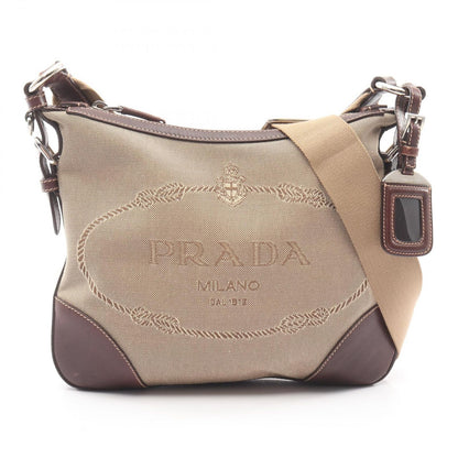 Prada Shoulder Bag Logo Jacquard Beige Canvas Leather