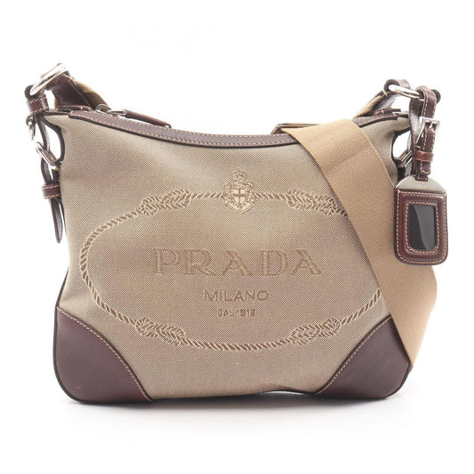 Prada Shoulder Bag Logo Jacquard Beige Canvas Leather