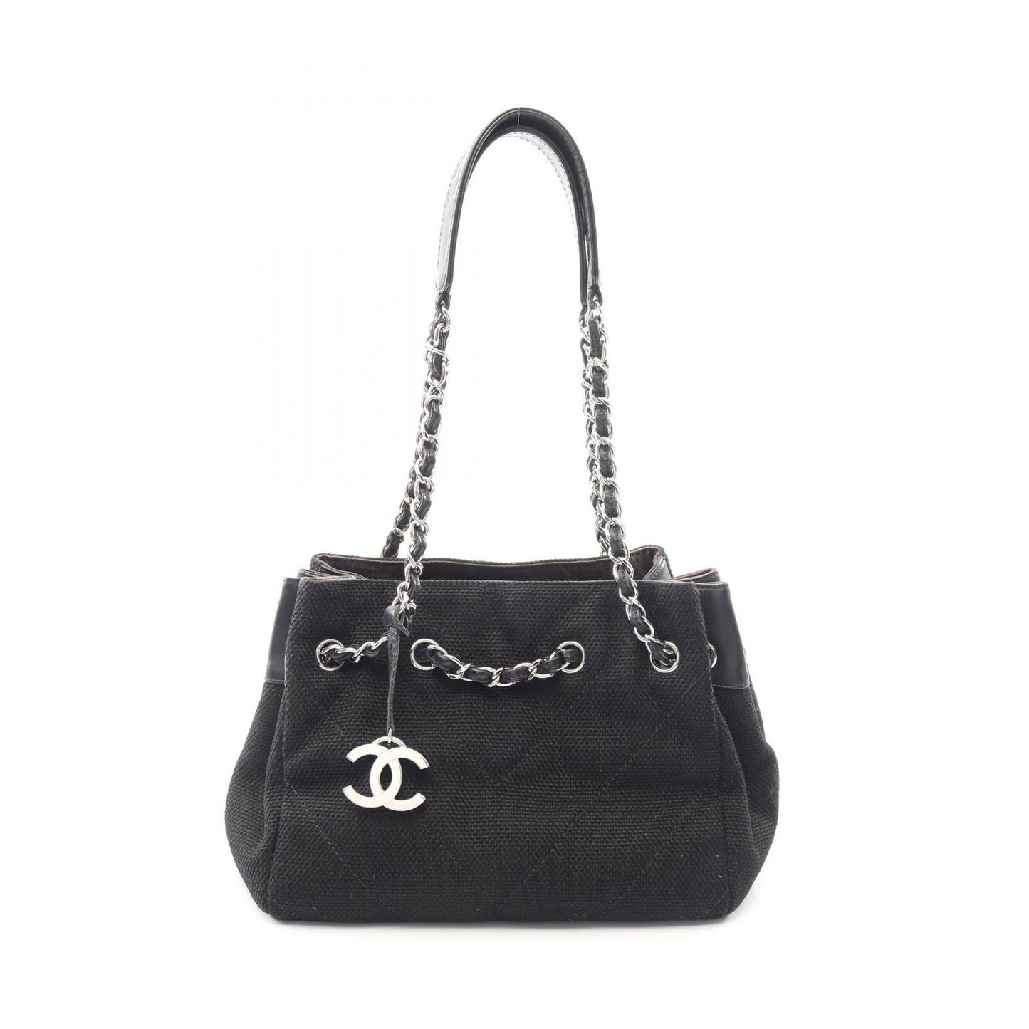 Chanel Shoulder Bag Stitch Black Canvas Leather Chain