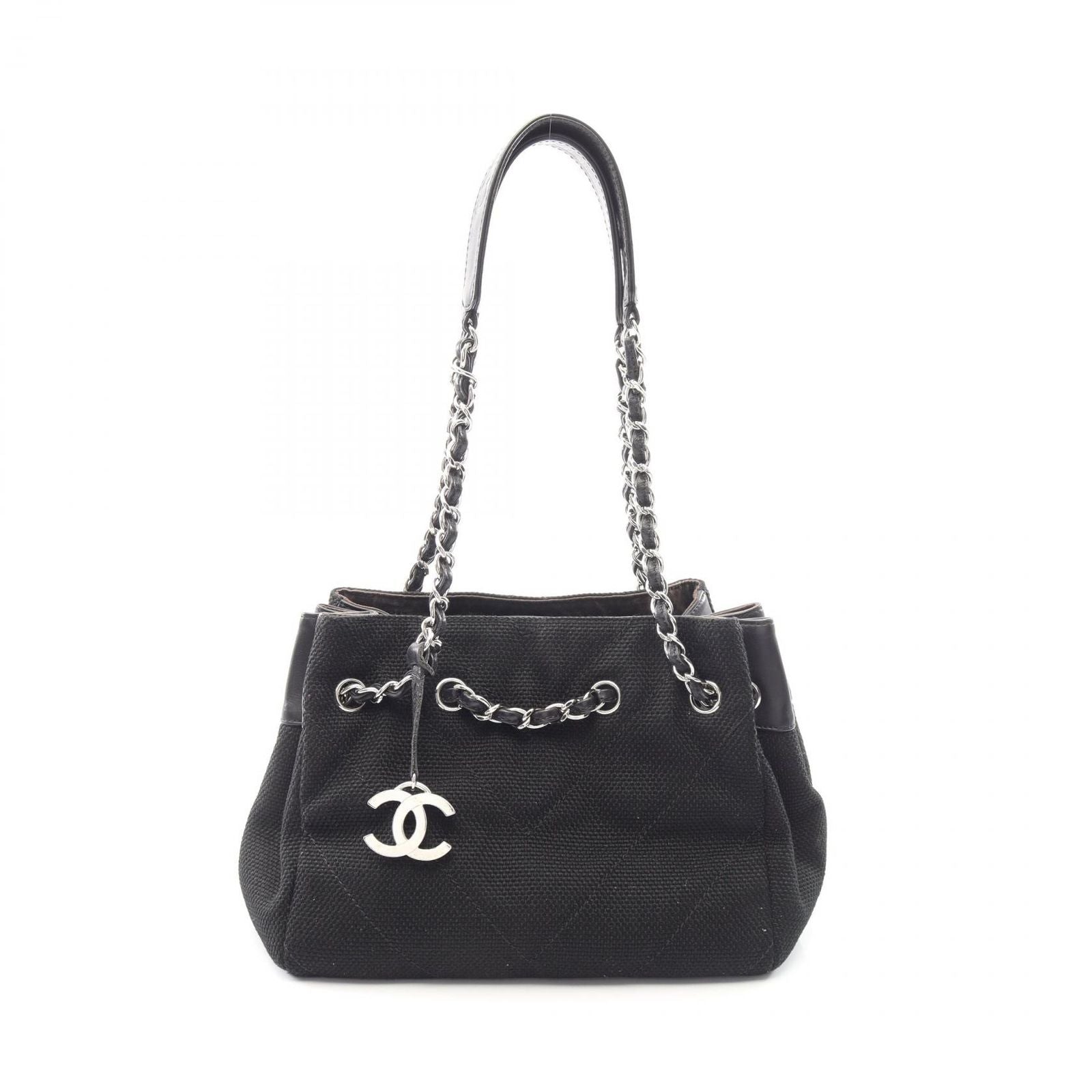 Chanel Shoulder Bag Stitch Black Canvas Leather Chain