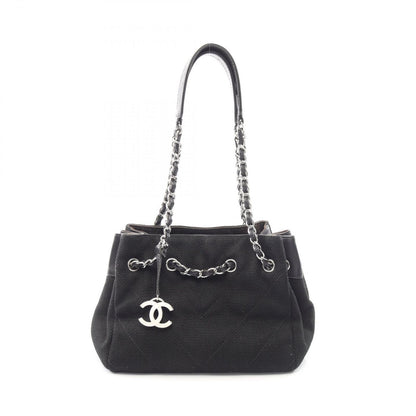 Chanel Shoulder Bag Stitch Black Canvas Leather Chain
