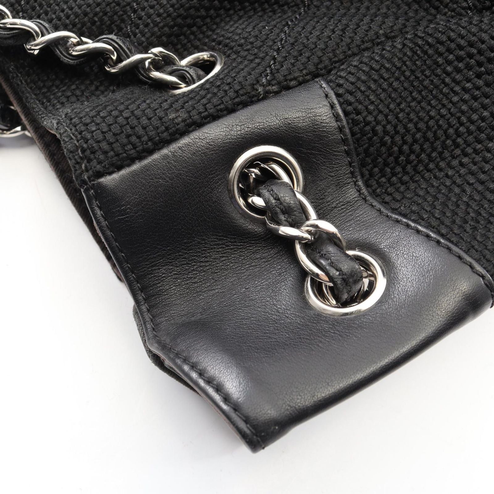 Chanel Shoulder Bag Stitch Black Canvas Leather Chain — view 8