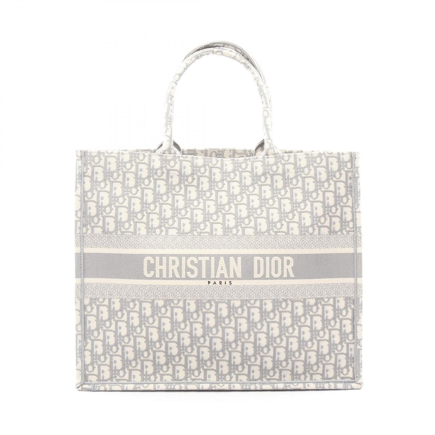 Dior Tote Book Large Oblique Embroidery White Gray Canvas