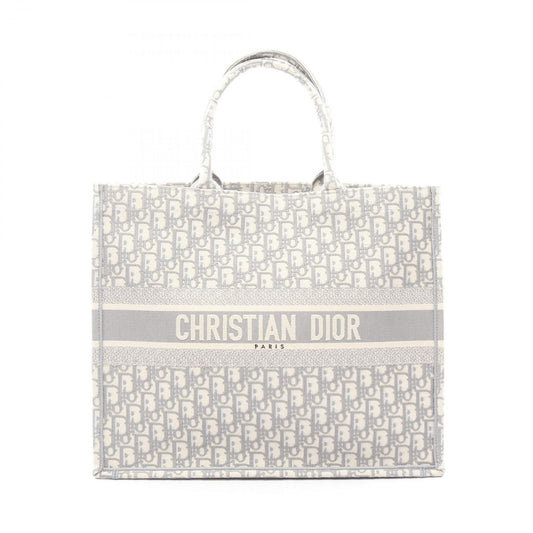 Dior Tote Book Large Oblique Embroidery White Gray Canvas