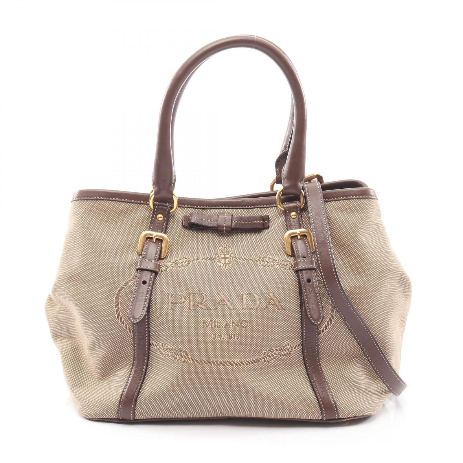 Prada Tote Logo Jacquard 2-Way Beige Brown Canvas Leather