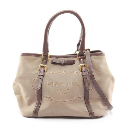 Prada Tote Logo Jacquard 2-Way Beige Brown Canvas Leather