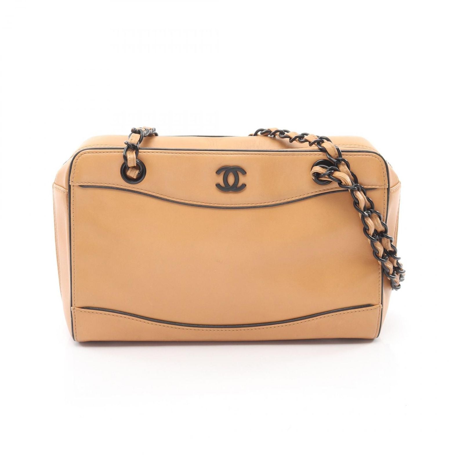 Chanel Shoulder Bag CC Logo Camel Black Leather Chain