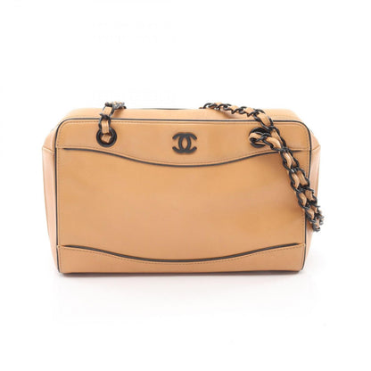 Chanel Shoulder Bag CC Logo Camel Black Leather Chain