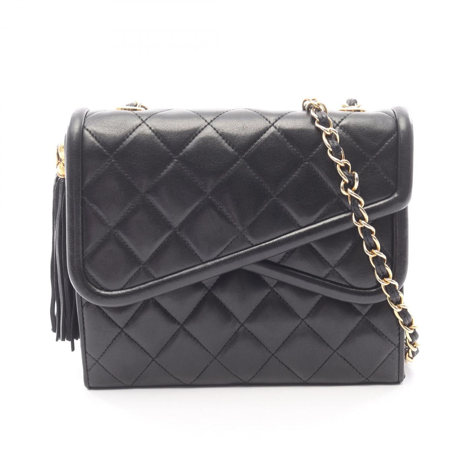 Chanel Shoulder Bag Quilted Fringe Black Lambskin Chain Nshoulder