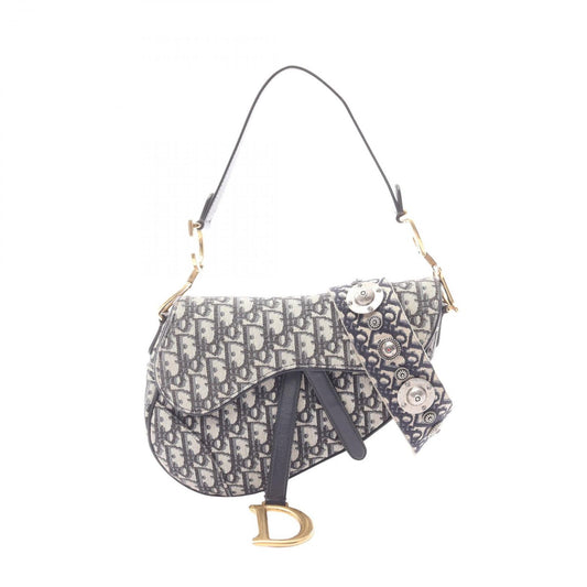 Dior Saddle Bag 2-Way Beige Black Canvas Leather