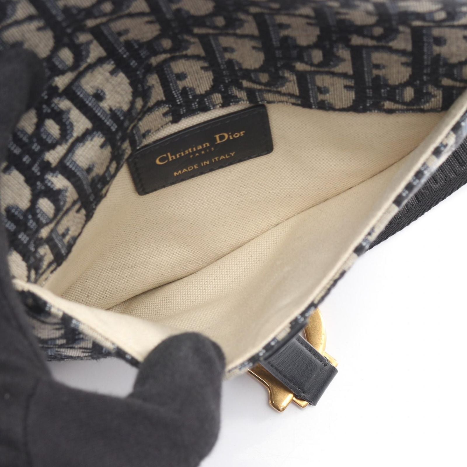 Dior Waist Bag Saddle Flat Belt Pouch Oblique Peacock Beige Black Canvas Leather — view 3