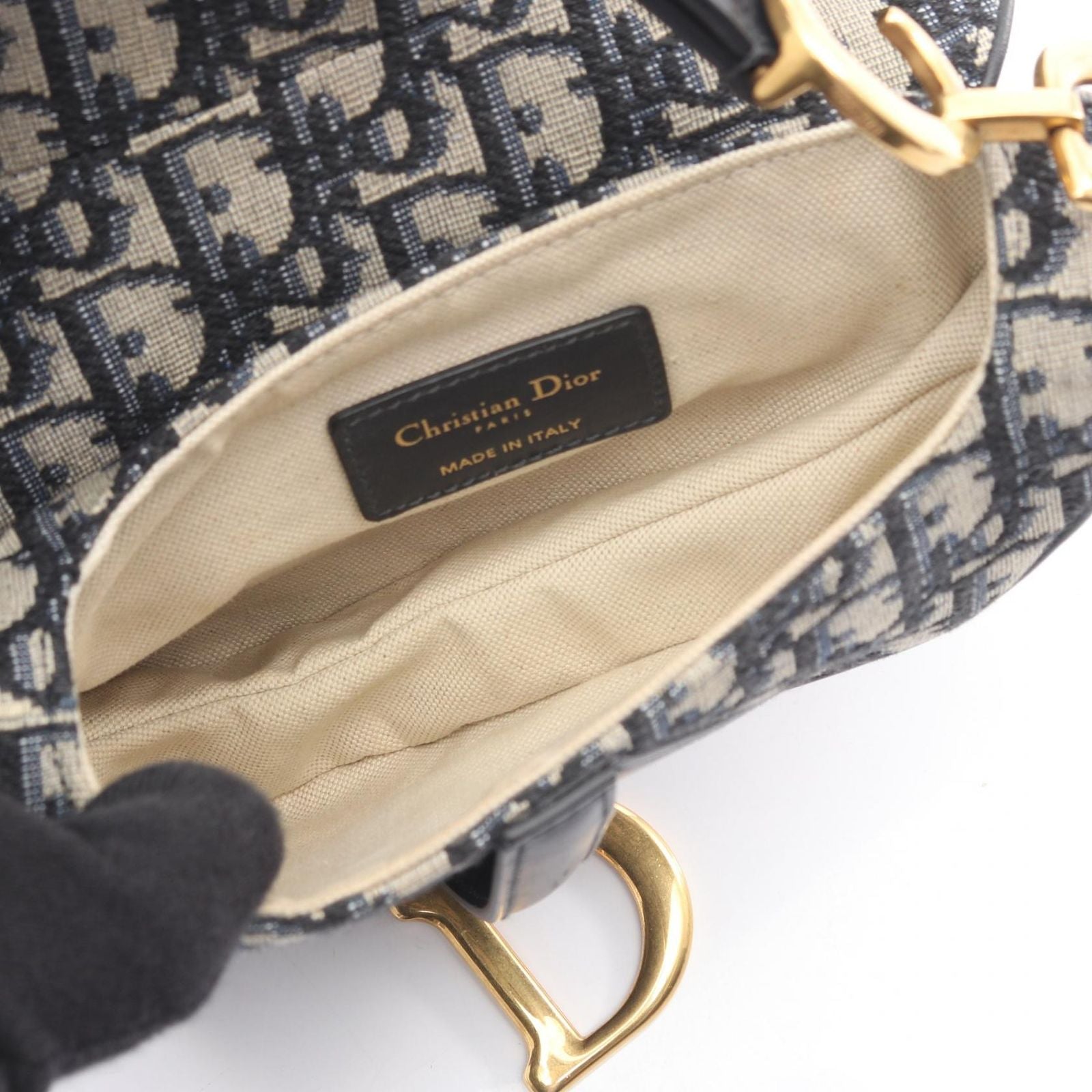 Dior Saddle Bag Mini Oblique Peacock Beige Black Canvas Leather — view 3