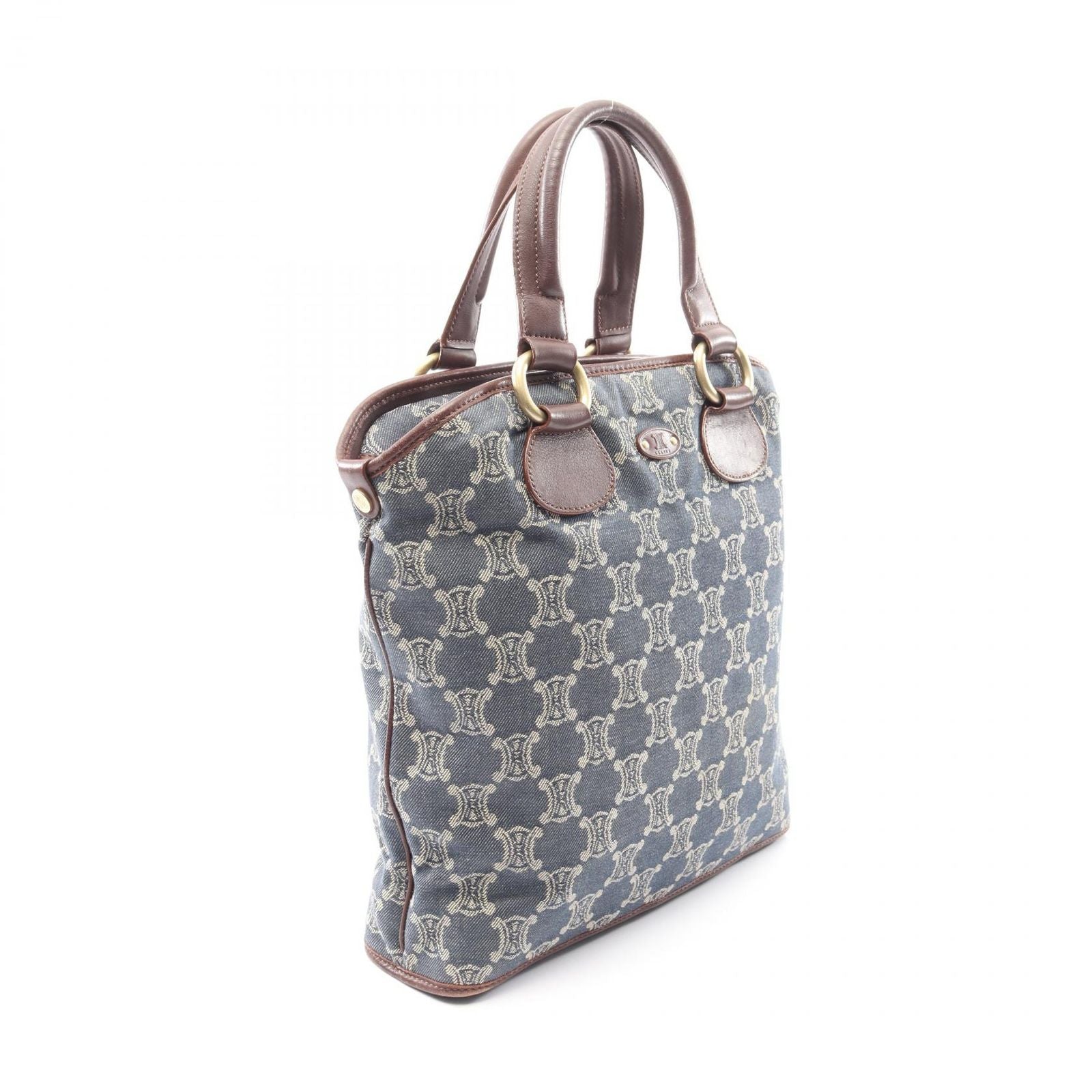 Celine Tote Paris Macadam Brown Beige Blue Denim Leather Hand — view 2