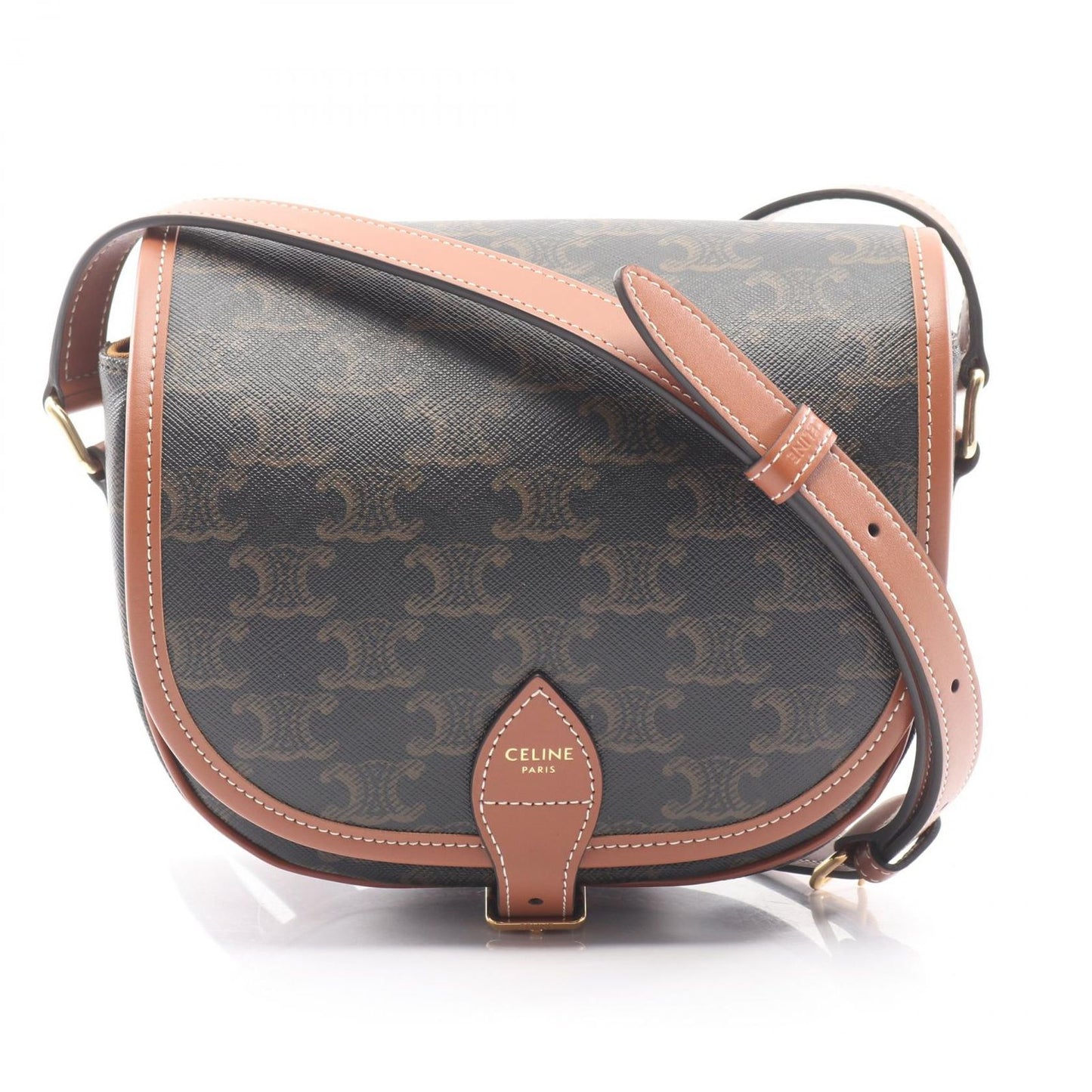 Celine Shoulder Bag Folco Triomphe Dark Brown Canvas Leather