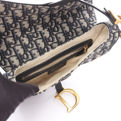 Dior Saddle Bag Oblique Peacock Beige Navy Canvas Leather — view 3
