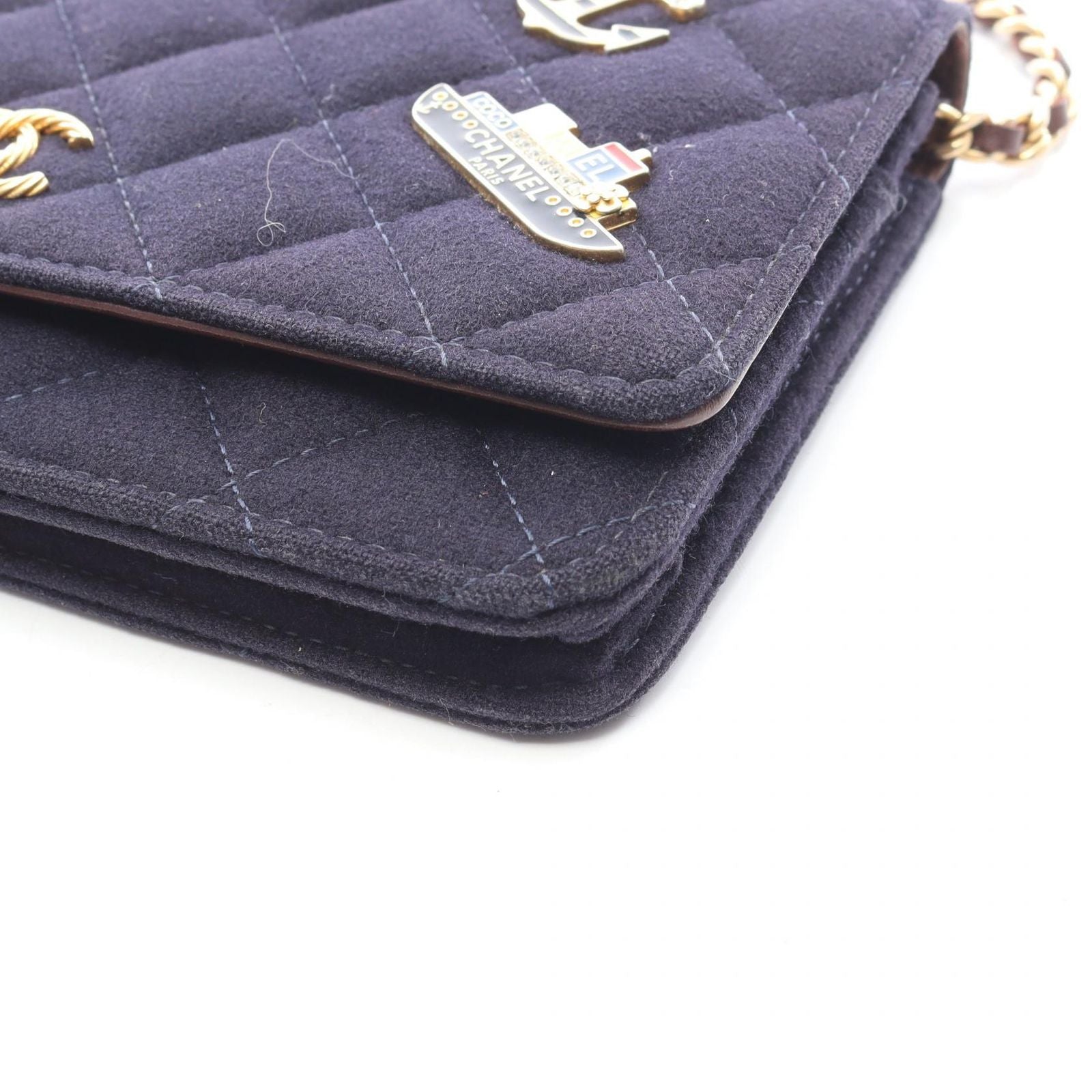 Chanel Shoulder Bag Quilted Marine Charm Navy Wool Leather Chain Wallet — view 8