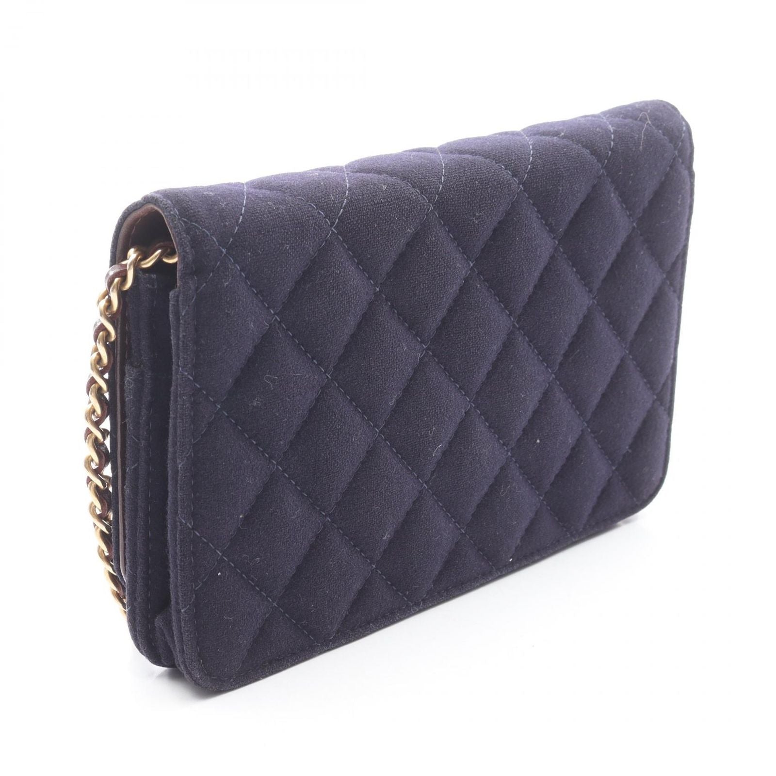 Chanel Shoulder Bag Quilted Marine Charm Navy Wool Leather Chain Wallet — view 2