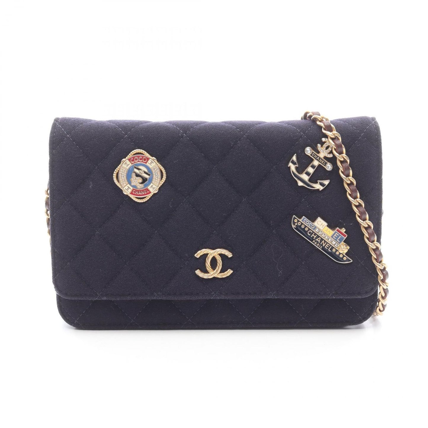 Chanel Shoulder Bag Quilted Marine Charm Navy Wool Leather Chain Wallet