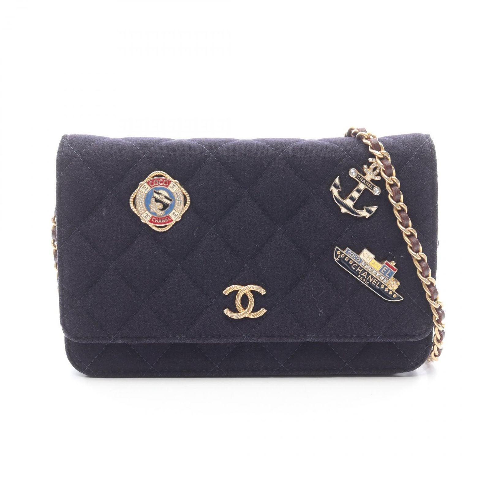 Chanel Shoulder Bag Quilted Marine Charm Navy Wool Leather Chain Wallet